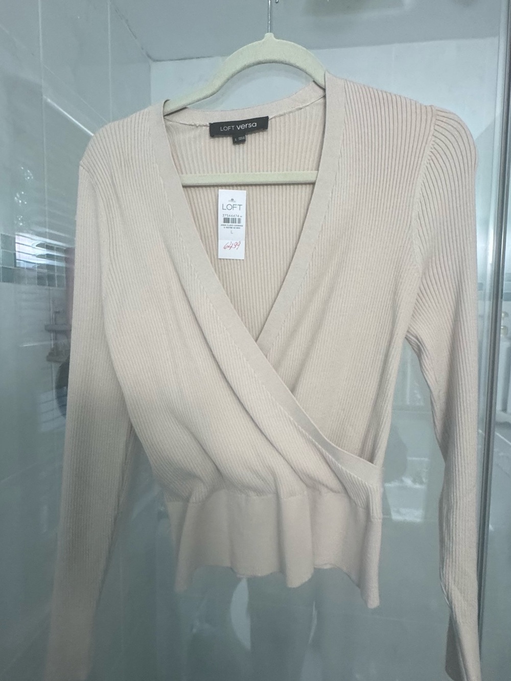 LOFT Verso Light Cream Ribbed V-Neck Wrap Sweater